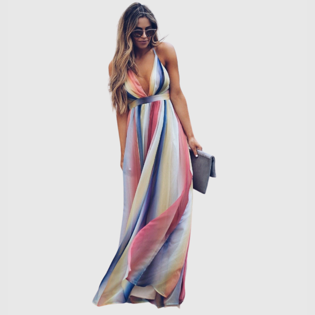 Clover - Lange Boho-Kleid mit Regenbogen-Design
