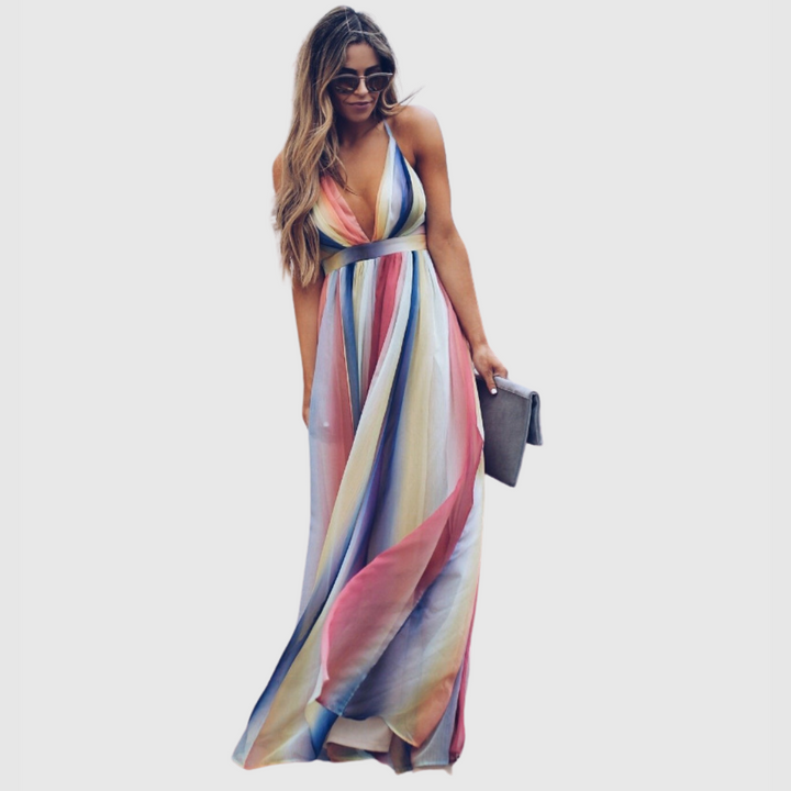 Clover - Lange Boho-Kleid mit Regenbogen-Design