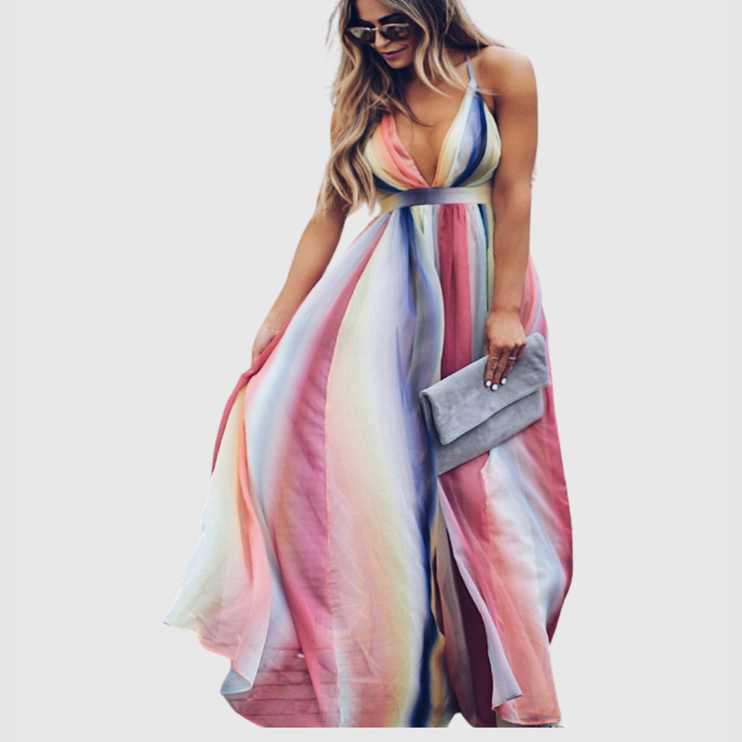 Clover - Lange Boho-Kleid mit Regenbogen-Design