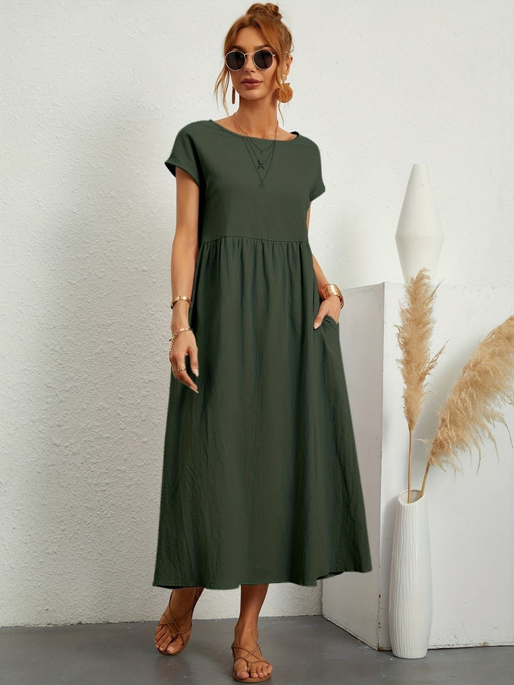 "Kimber - Midi-Relaxed Kleid mit Rundhalsausschnitt" could be rewritten as "Kimber - Midi-Relaxed Kleid mit Rundhalsdesign".