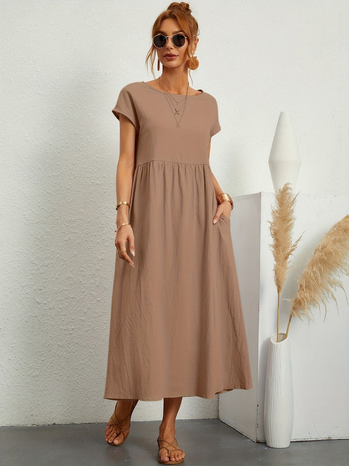 "Kimber - Midi-Relaxed Kleid mit Rundhalsausschnitt" could be rewritten as "Kimber - Midi-Relaxed Kleid mit Rundhalsdesign".