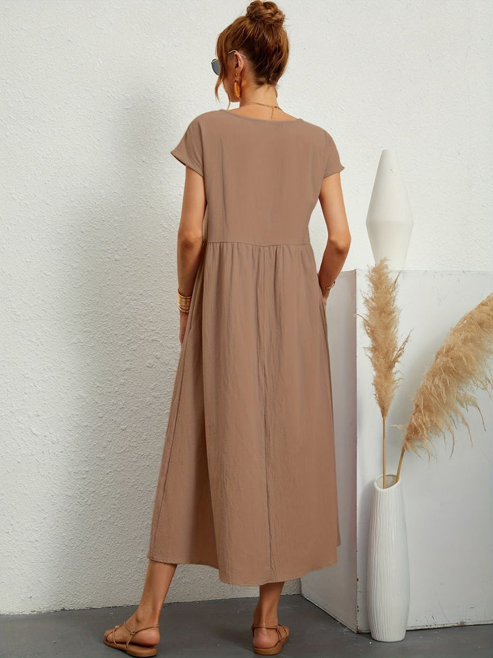 "Kimber - Midi-Relaxed Kleid mit Rundhalsausschnitt" could be rewritten as "Kimber - Midi-Relaxed Kleid mit Rundhalsdesign".