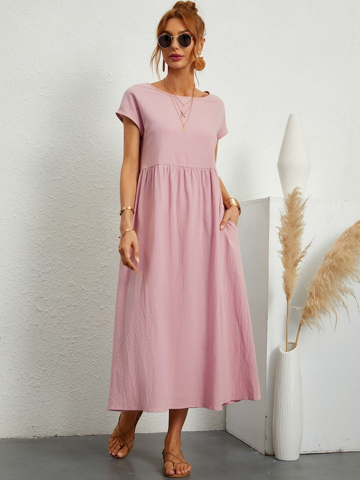 "Kimber - Midi-Relaxed Kleid mit Rundhalsausschnitt" could be rewritten as "Kimber - Midi-Relaxed Kleid mit Rundhalsdesign".