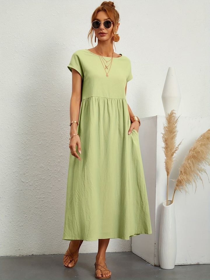 "Kimber - Midi-Relaxed Kleid mit Rundhalsausschnitt" could be rewritten as "Kimber - Midi-Relaxed Kleid mit Rundhalsdesign".
