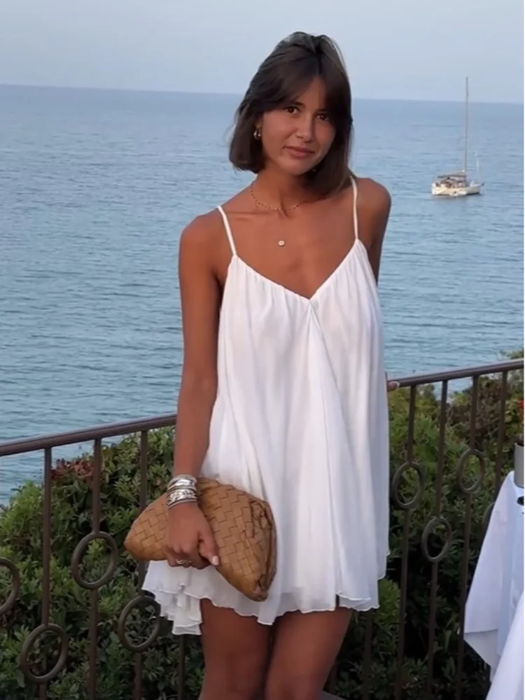 Olive - Mini Plissé V-Neck Beach Dress