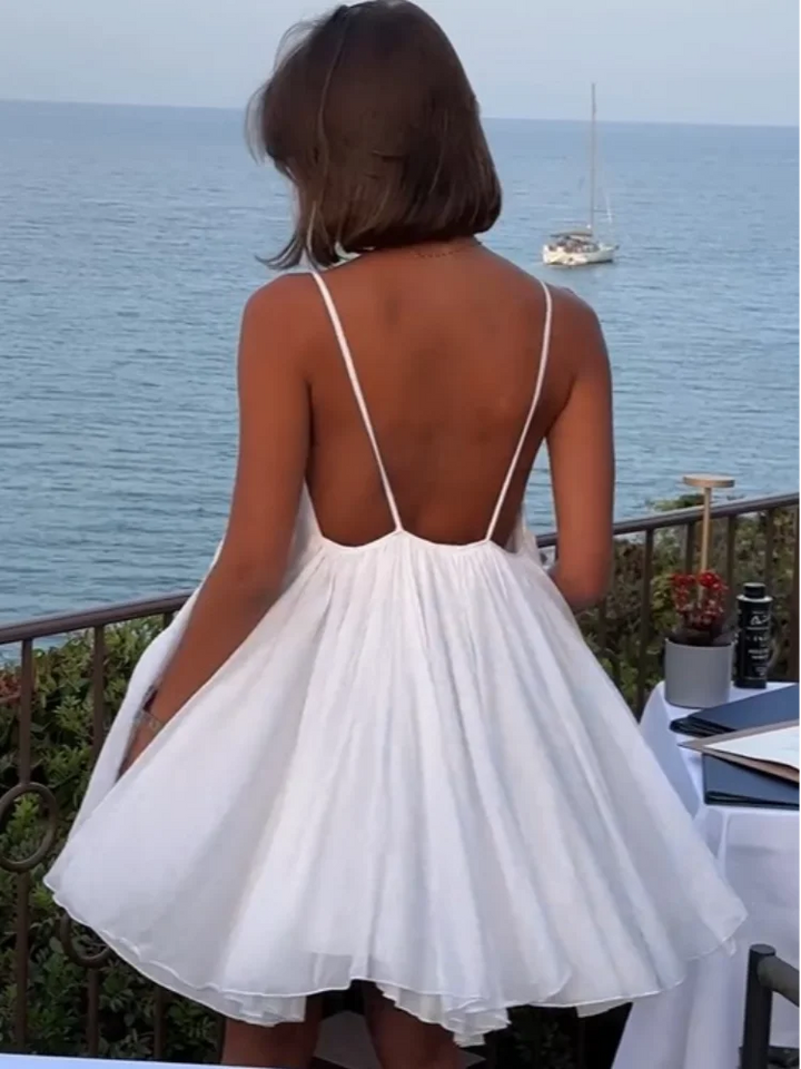 Olive - Mini Plissé V-Neck Beach Dress