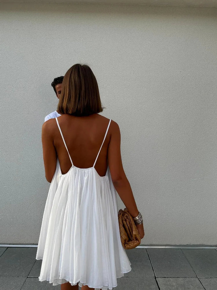 Olive - Mini Plissé V-Neck Beach Dress