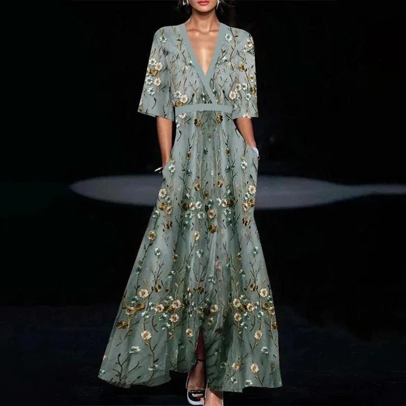 Ruby | Maxi-Kleid mit V-Ausschnitt und Taillengürtel