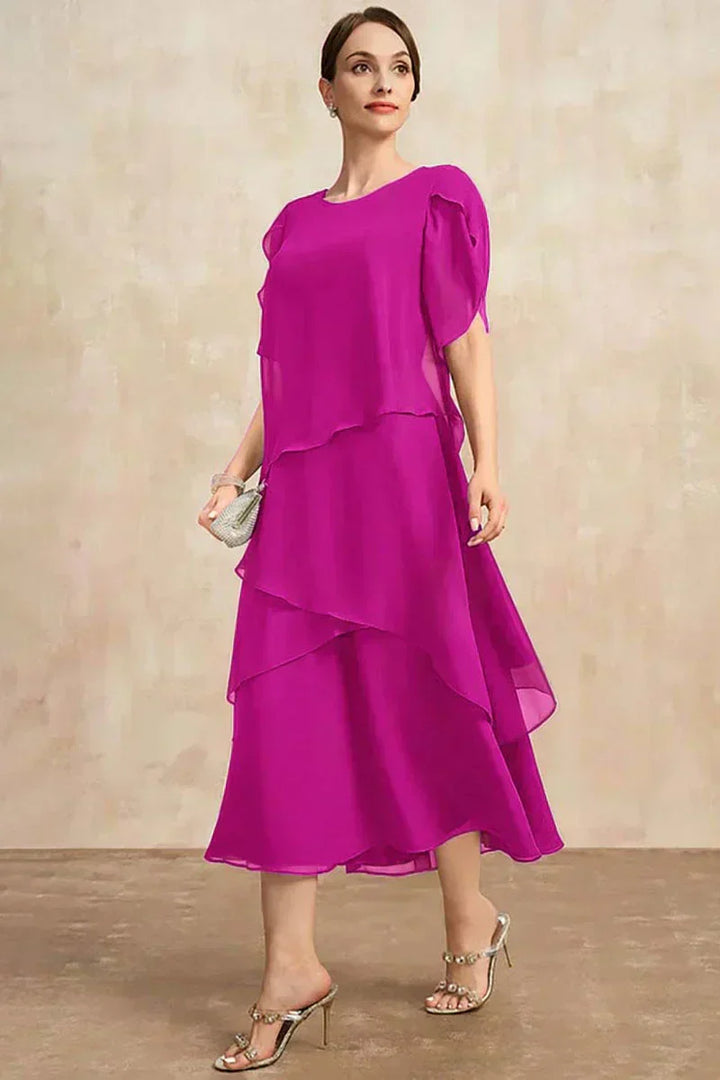 Belle - Fließendes Langarmkleid mit kurzen Ärmeln und asymmetrischen Überlagerungen