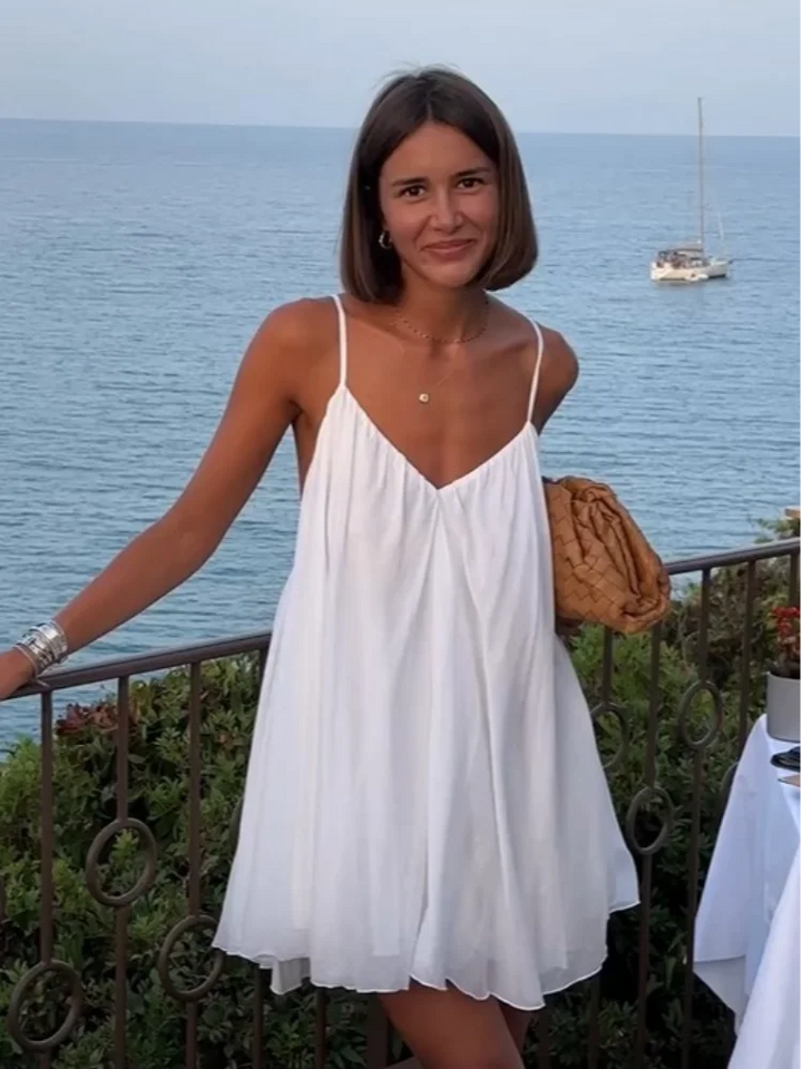 Olive - Mini Plissé V-Neck Beach Dress