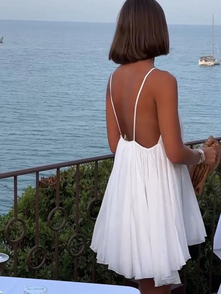 Olive - Mini Plissé V-Neck Beach Dress