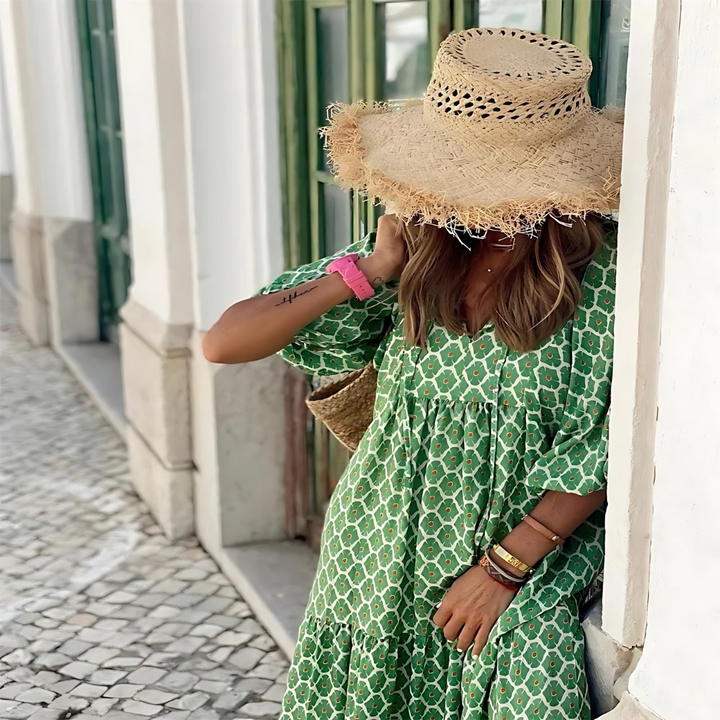 Mabel - Leichtes Kleid mit geometrischem Muster in asymmetrischem Schnitt