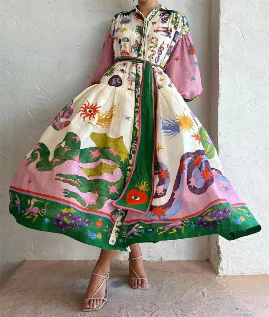 Capri - Stilvolles Kleid mit Laternenärmeln und Taillengürtel
